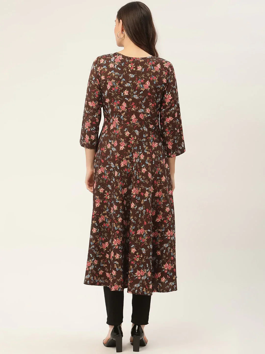 Jompers Women's Brown Flared Printed kurta