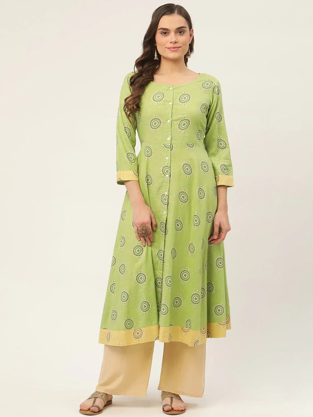 Jompers Women's Green Cotton Blend Flared Printed kurta