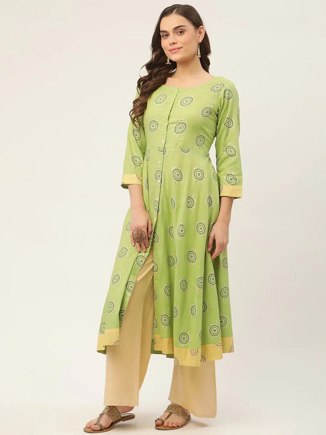 Jompers Women's Green Cotton Blend Flared Printed kurta