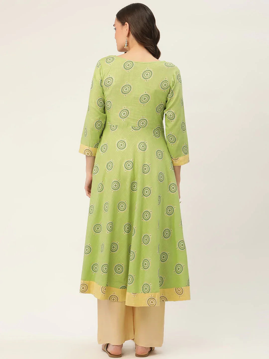 Jompers Women's Green Cotton Blend Flared Printed kurta