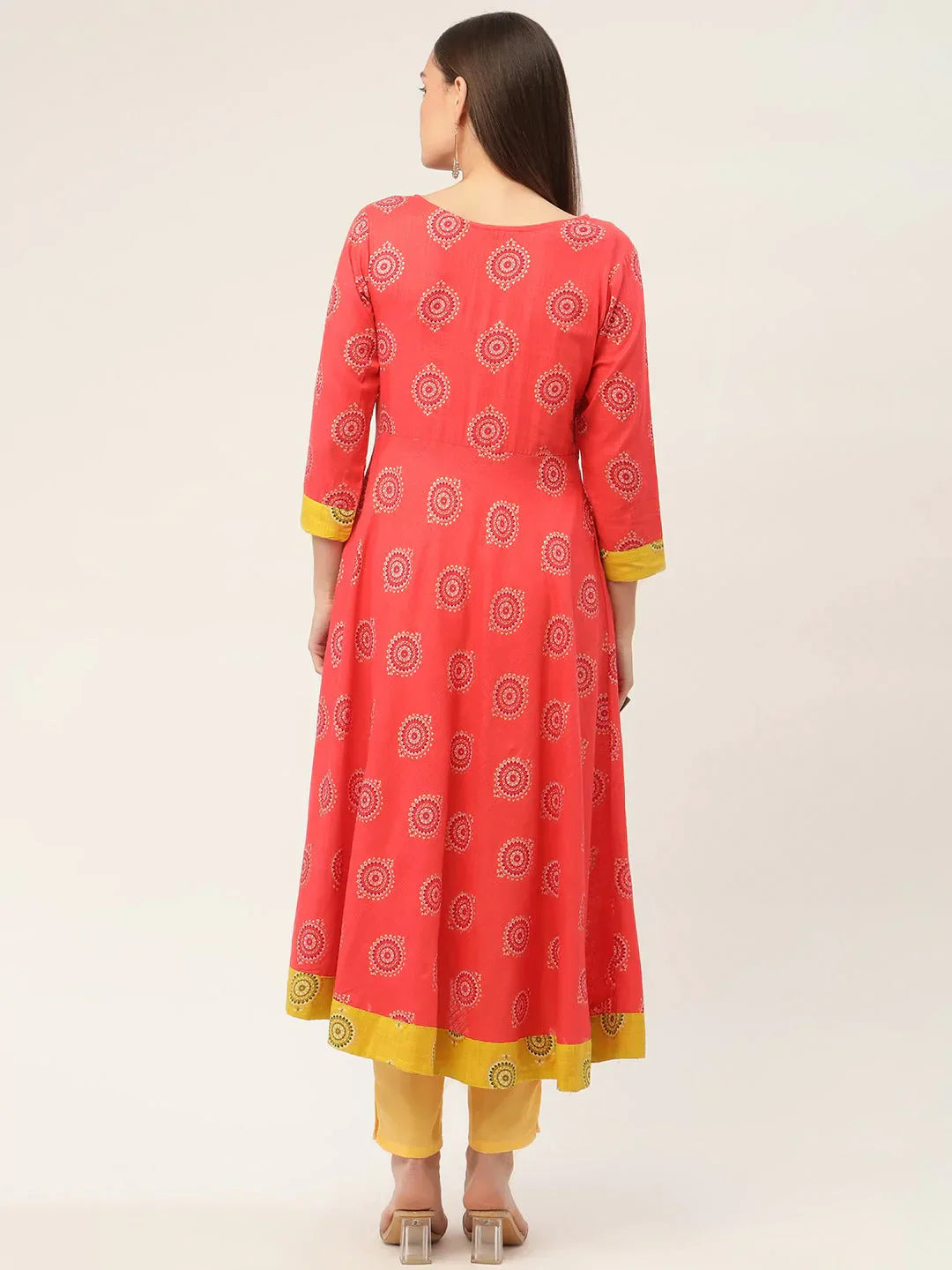 Jompers Women's Red and Yellow Cotton Blend Flared Printed kurta