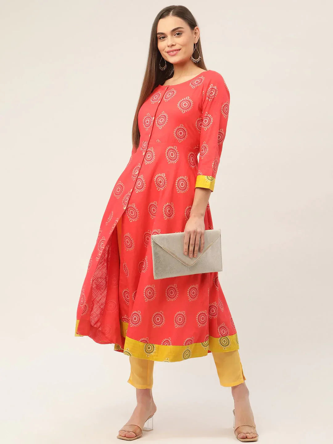 Jompers Women's Red and Yellow Cotton Blend Flared Printed kurta