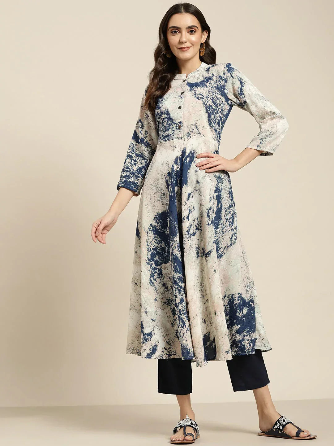 Jompers Women's Navy Blue & Pink Printed Anarkali Kurta