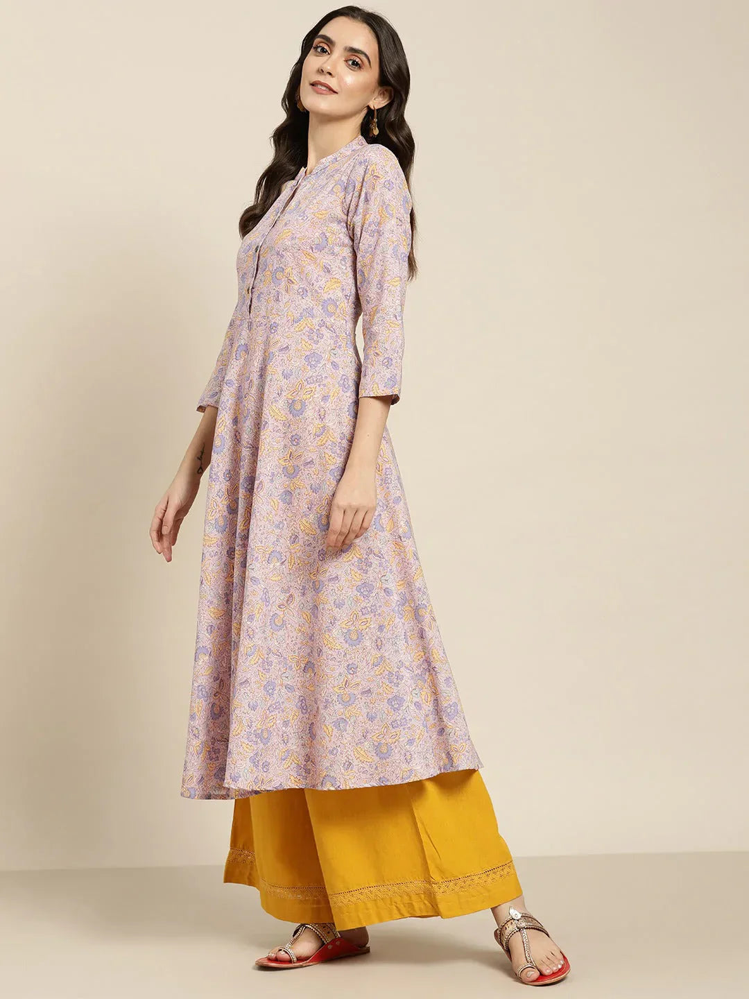 Jompers Women's Purple and yellow Printed Anarkali Kurta