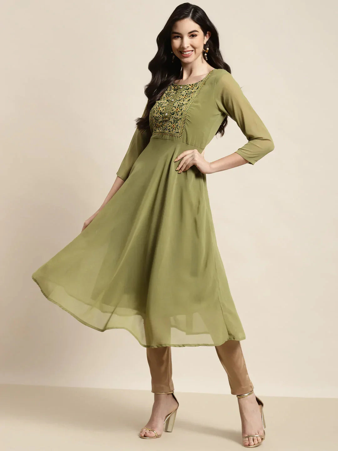 Jompers Women's Yoke Design Georgette Anarkali Kurta - Green