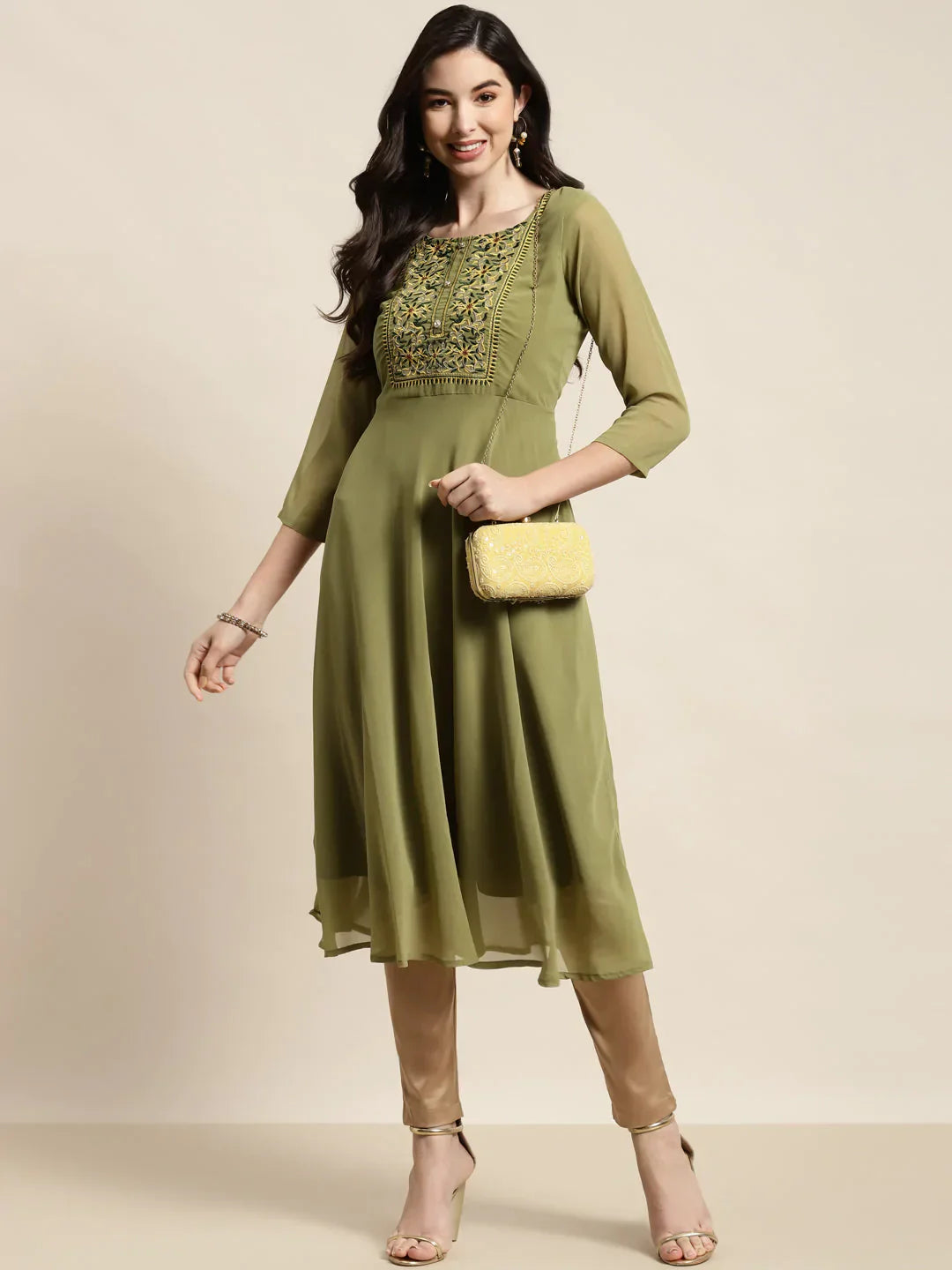 Jompers Women's Yoke Design Georgette Anarkali Kurta - Green