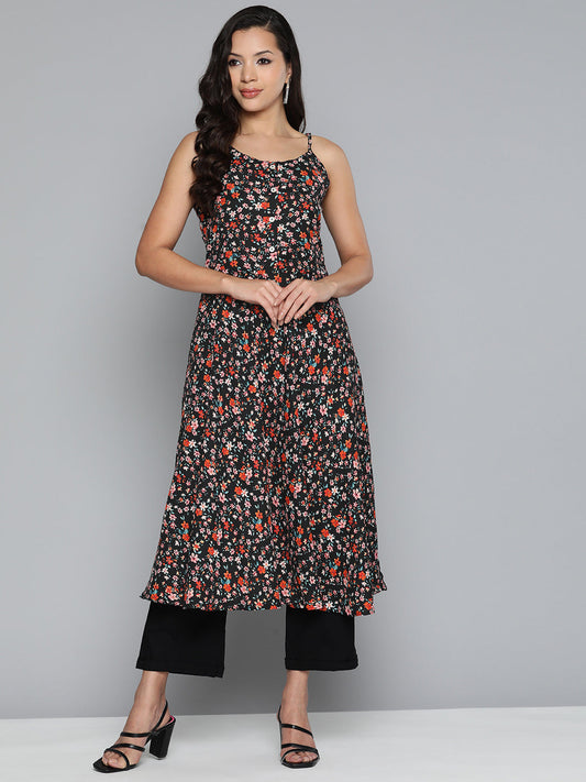 Jompers Women's Floral Printed Floral Georgette Kurta - Black 