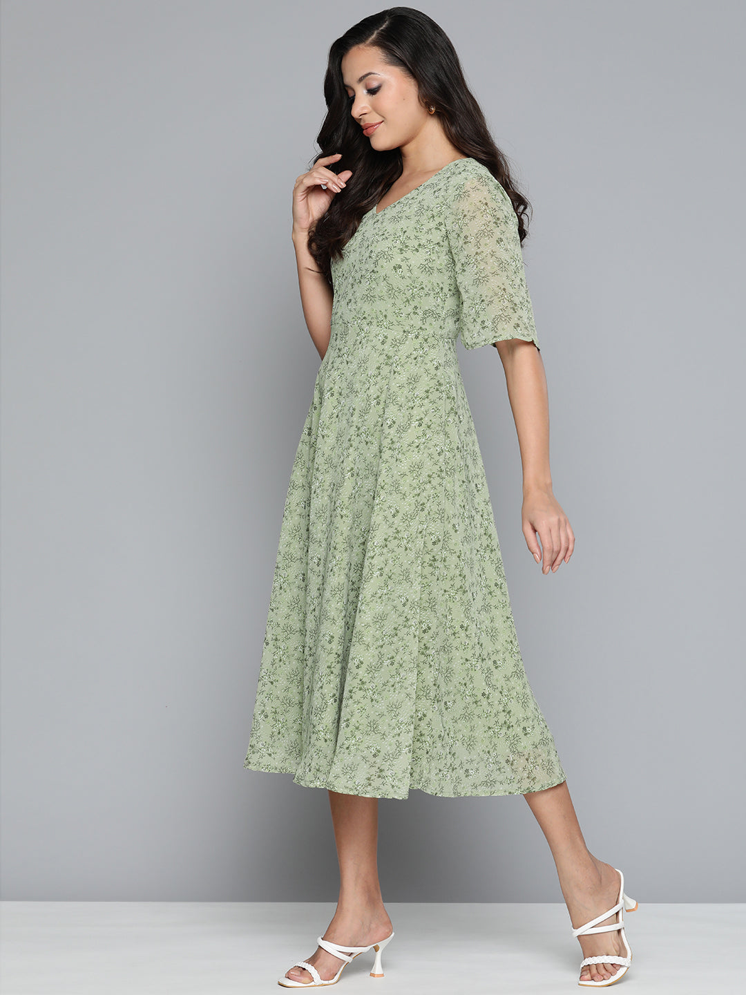 Jompers Women's Floral Georgette A-Line Midi Dress - Green