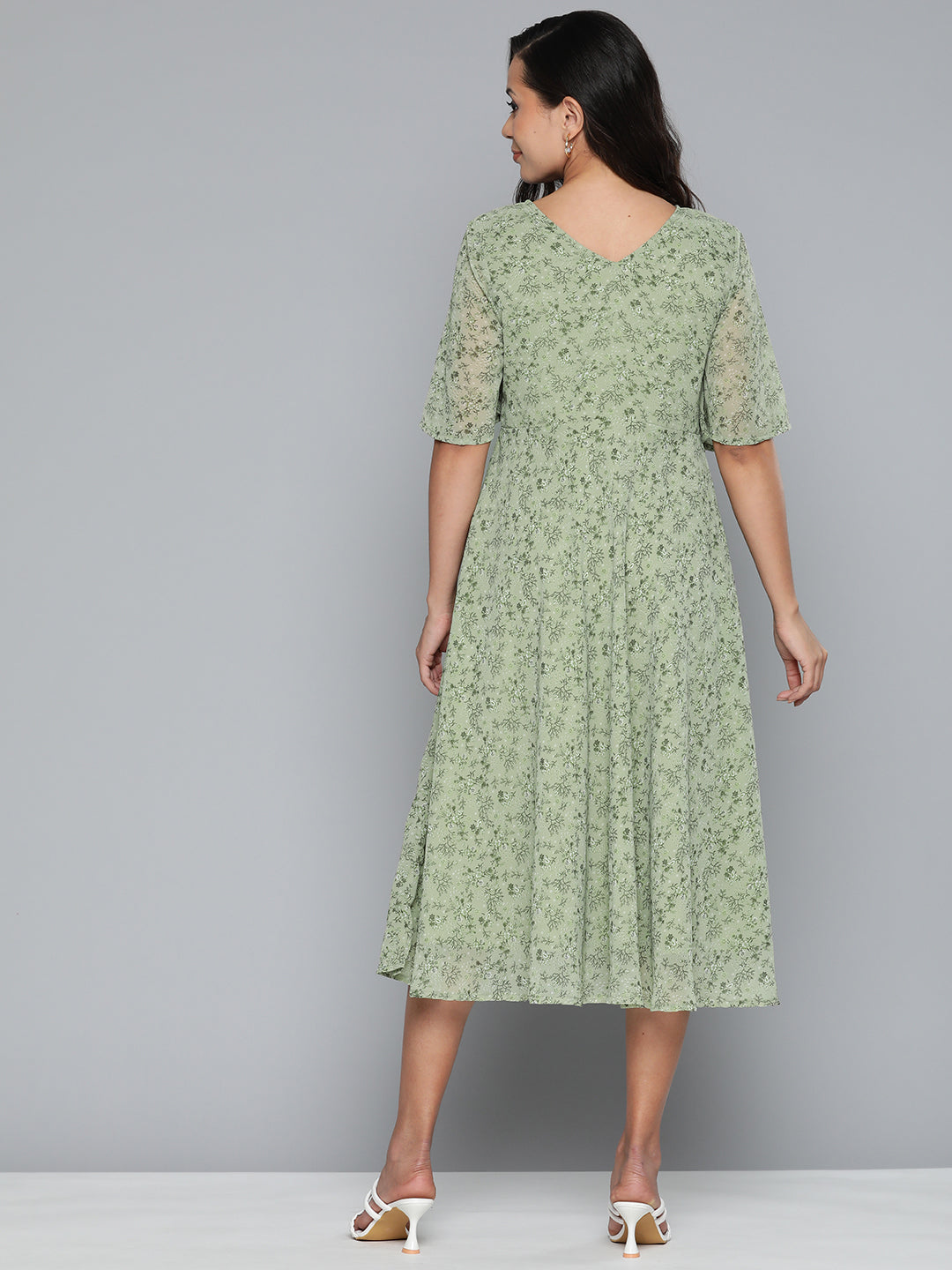 Jompers Women's Floral Georgette A-Line Midi Dress - Green