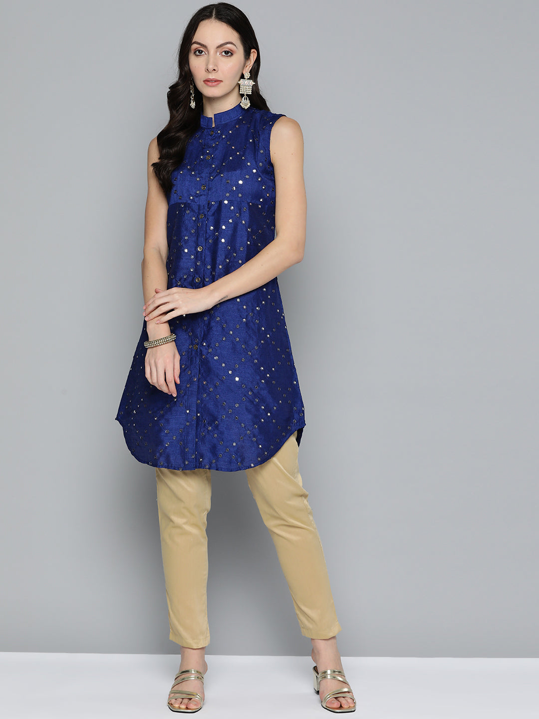 Jompers Women's Geometric Embroidered Mirror Work Kurta - Navy Blue 