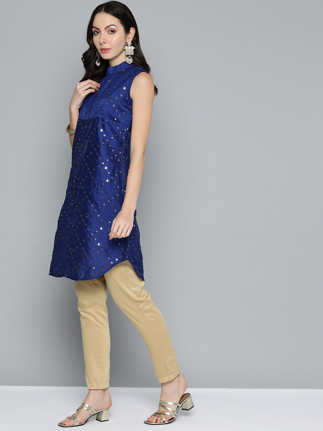 Jompers Women's Geometric Embroidered Mirror Work Kurta - Navy Blue 