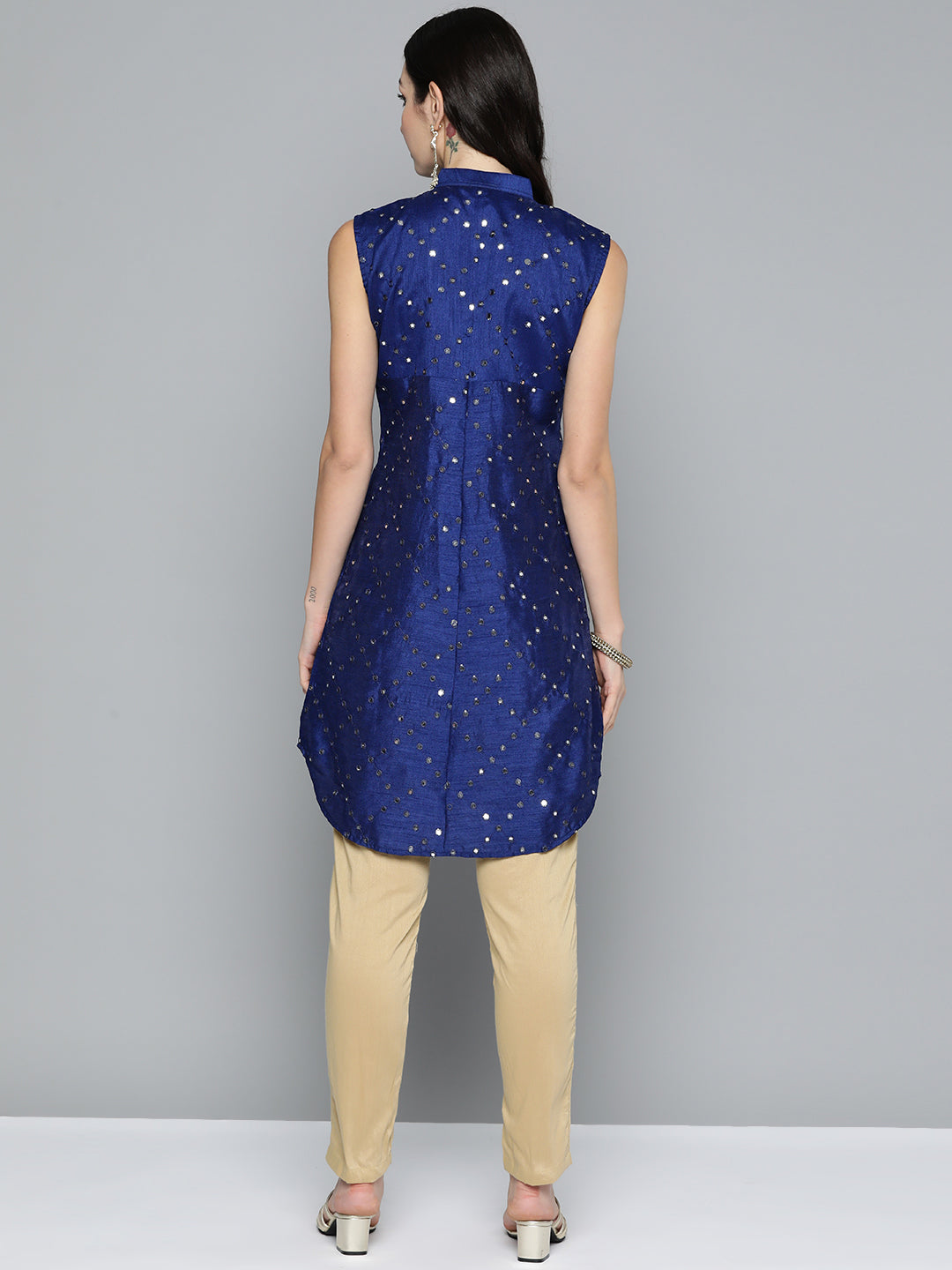 Jompers Women's Geometric Embroidered Mirror Work Kurta - Navy Blue 