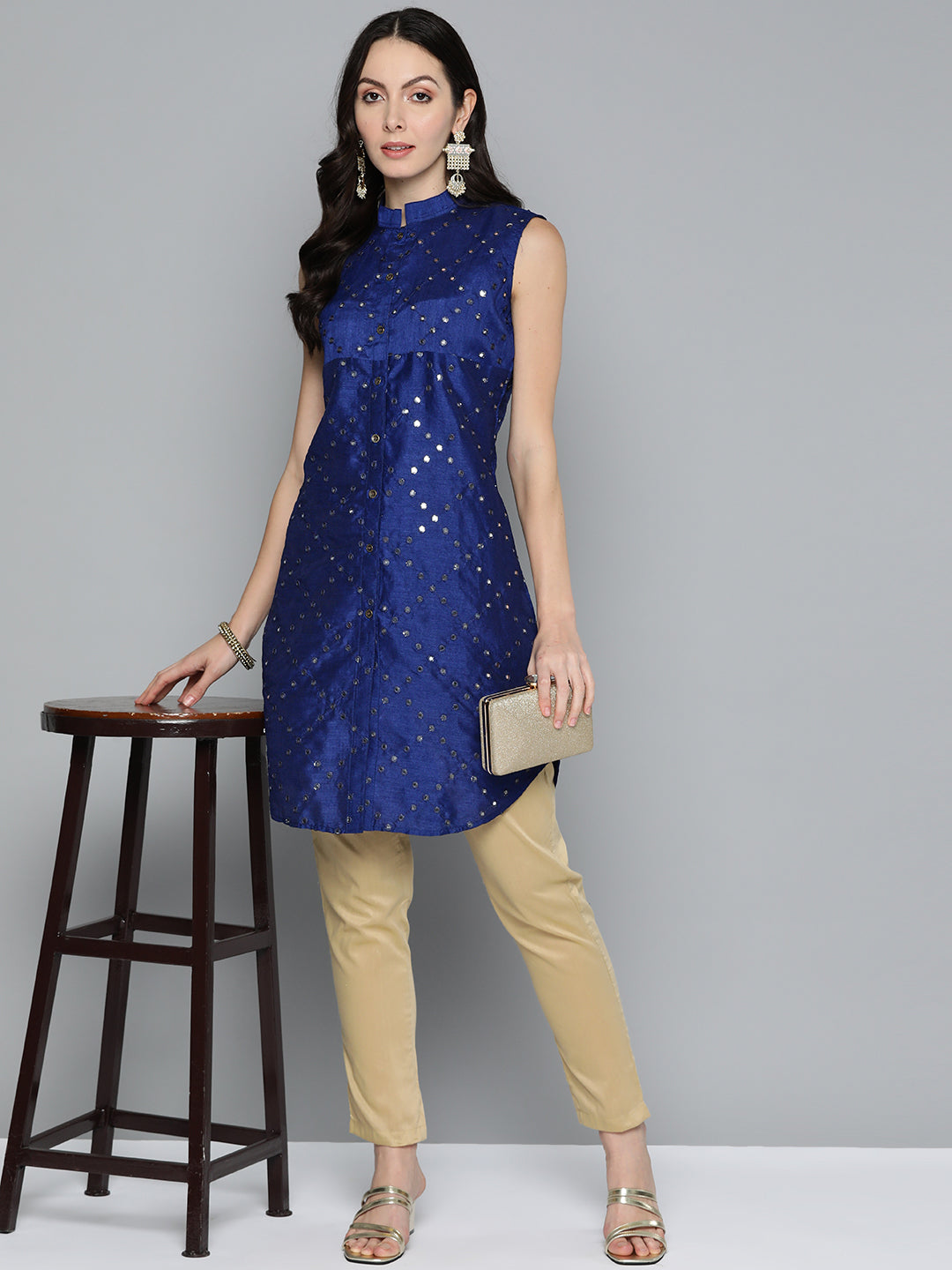 Jompers Women's Geometric Embroidered Mirror Work Kurta - Navy Blue 