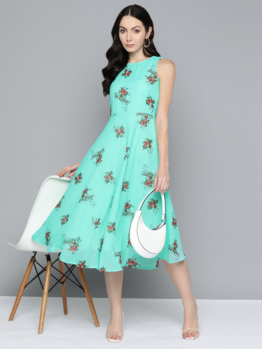 Jompers Women's Floral Print Georgette A-Line Midi Dress - Blue