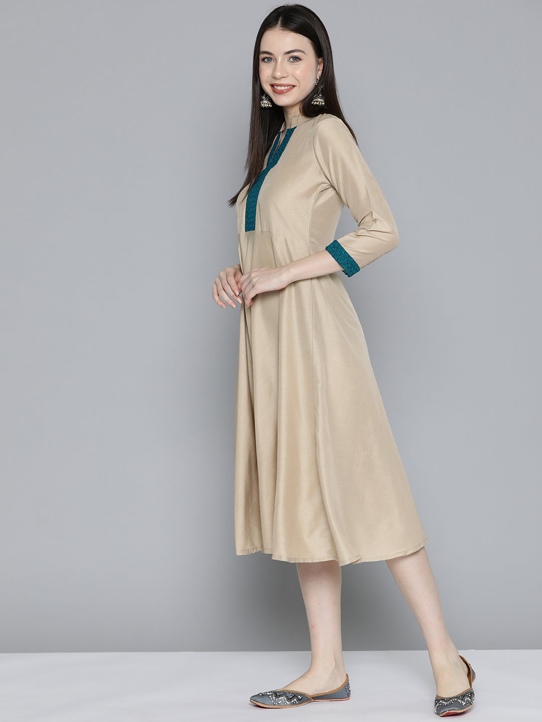 Jompers Women's Sequin work, flared ethnic dress - Beige