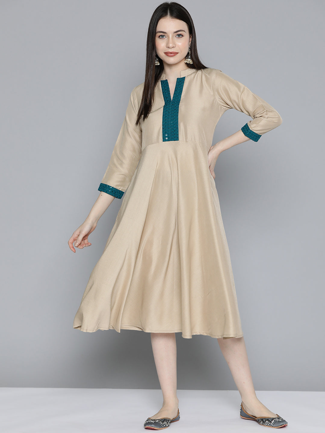 Jompers Women's Sequin work, flared ethnic dress - Beige