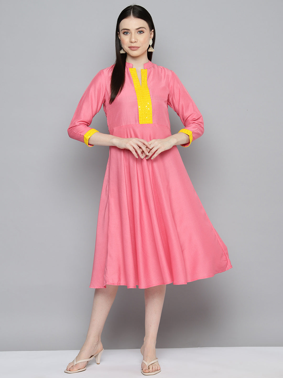 Jompers Women's Sequin work, flared ethnic dress - PInk