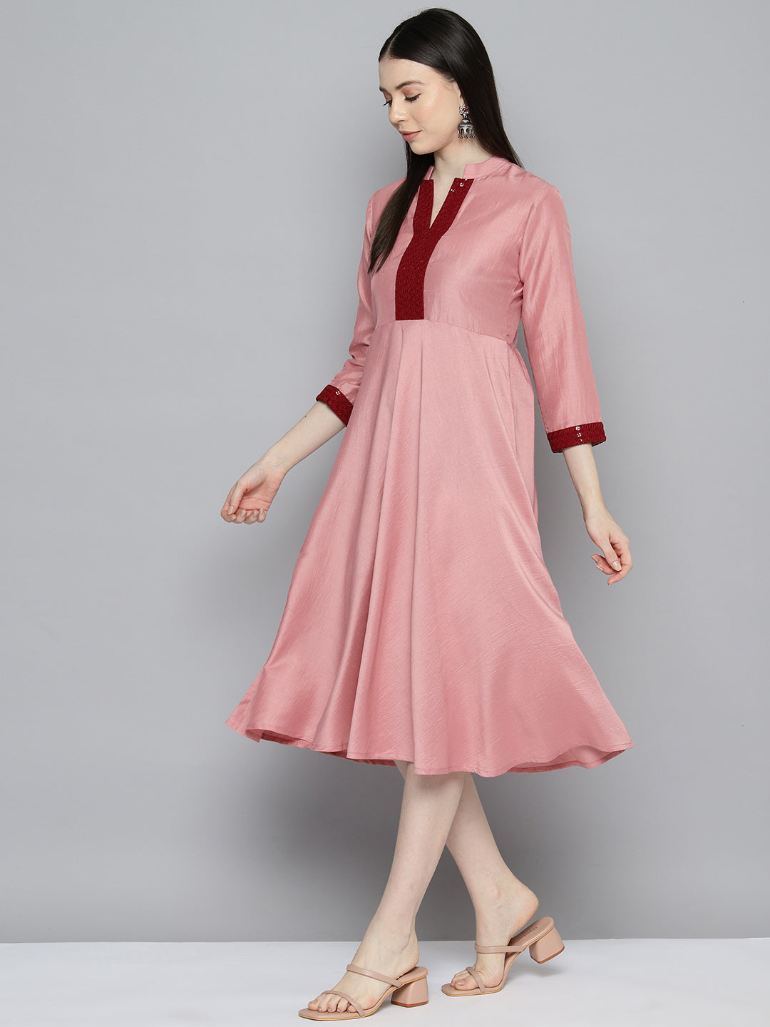 Jompers Women's Sequin work, flared ethnic dress - Peach