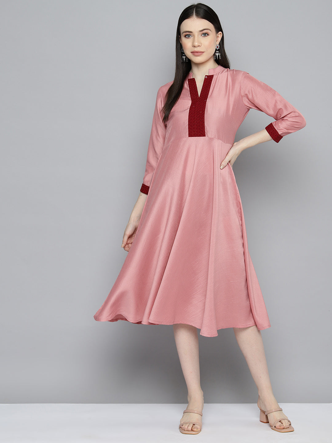 Jompers Women's Sequin work, flared ethnic dress - Peach