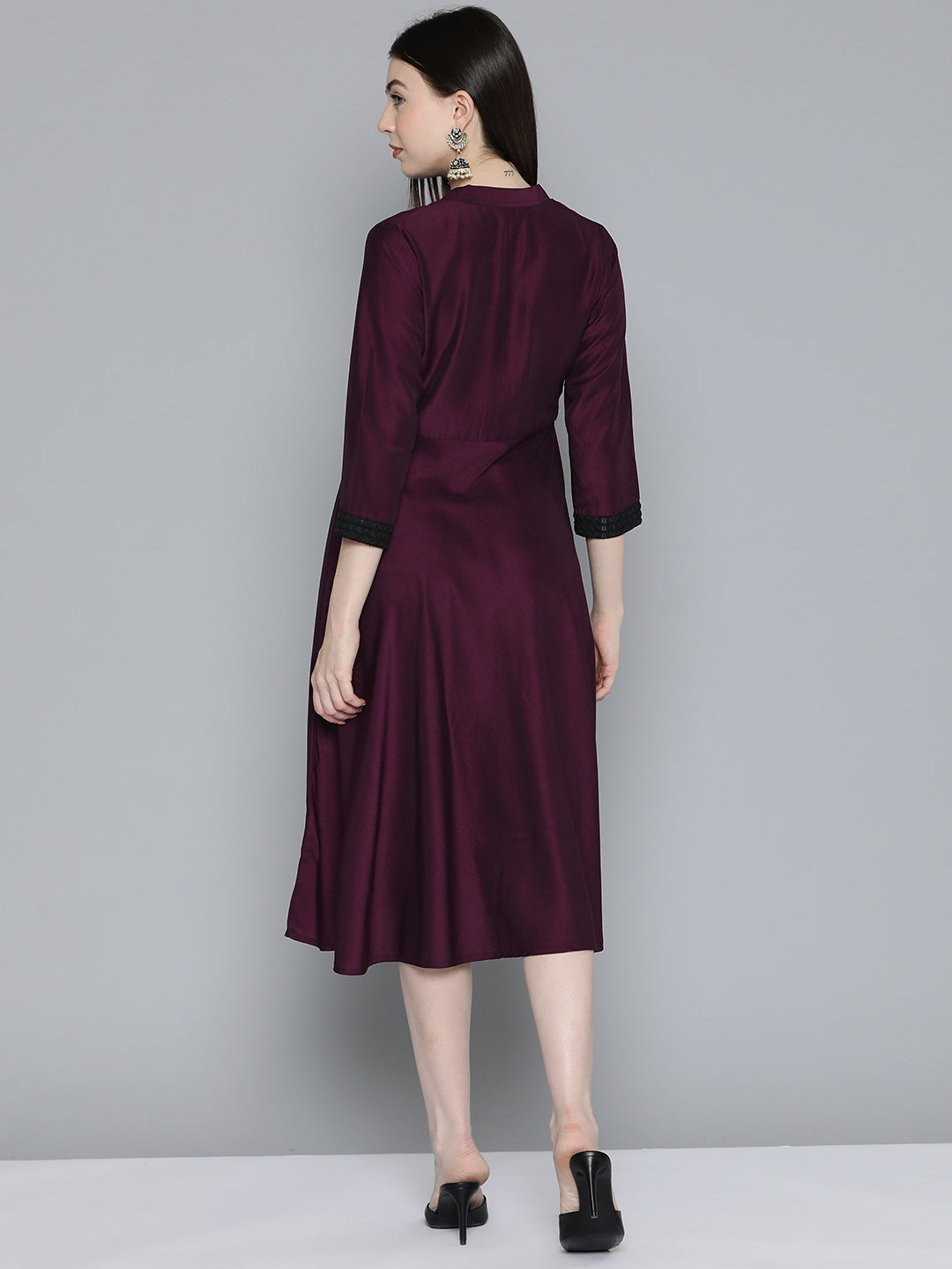 Jompers Women's Sequin work, flared ethnic dress - Wine