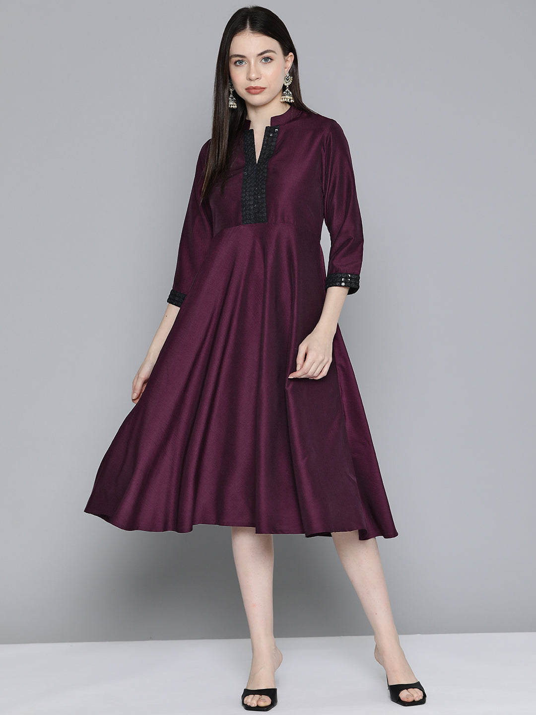 Jompers Women's Sequin work, flared ethnic dress - Wine