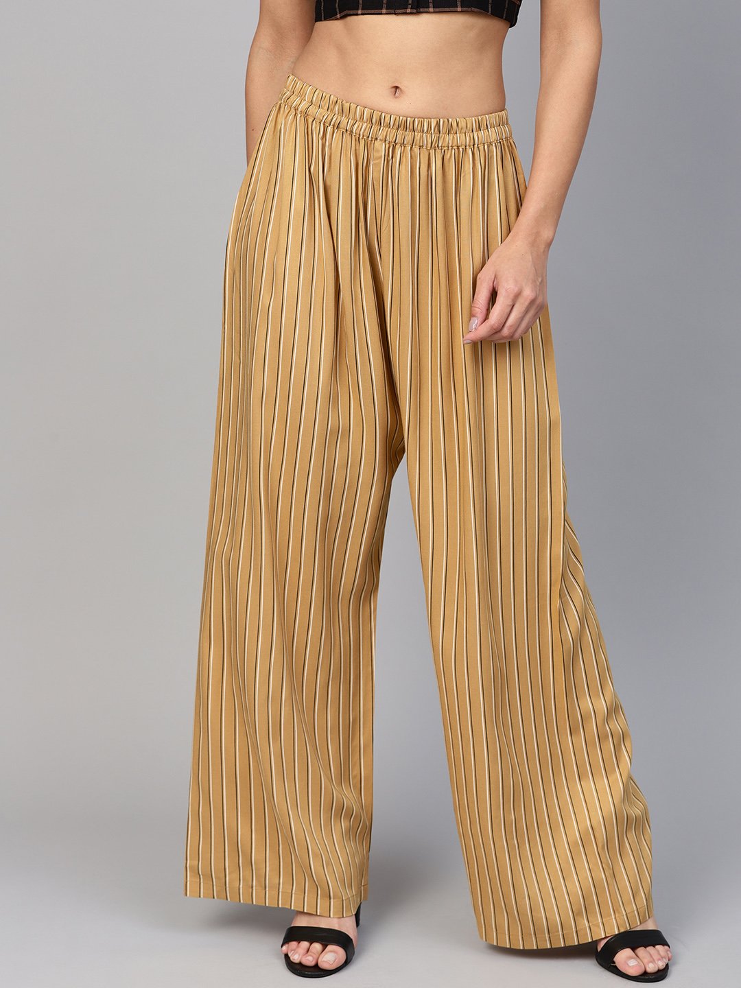 Jompers Women Beige & Black Striped Straight Palazzos
