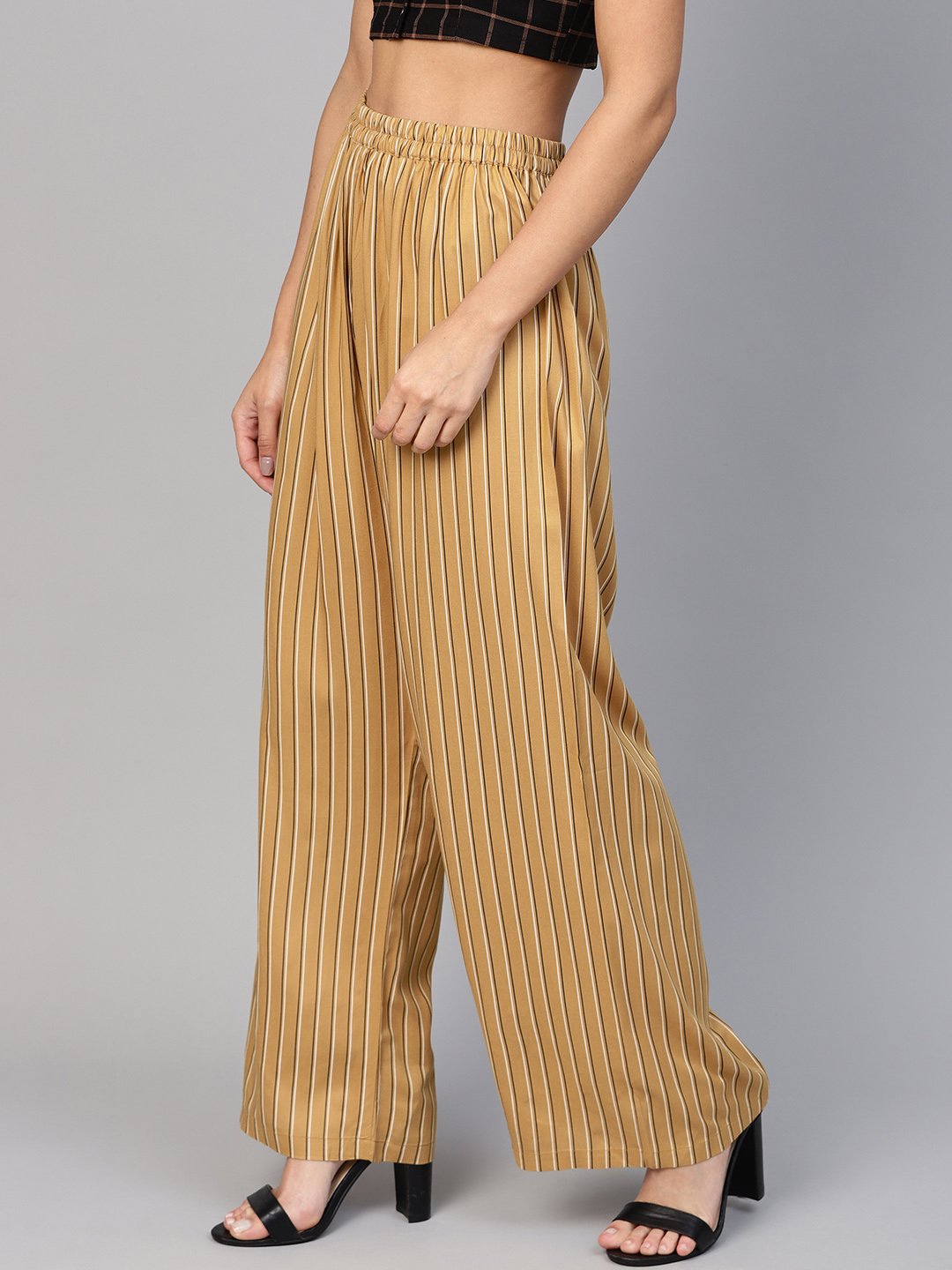 Jompers Women Beige & Black Striped Straight Palazzos