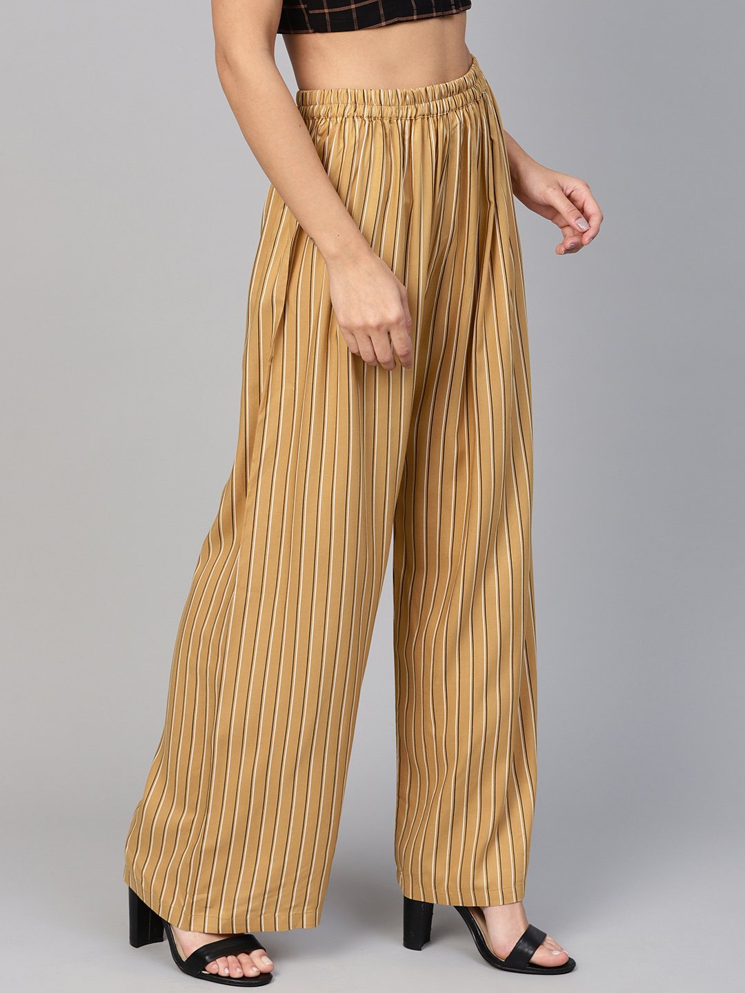 Jompers Women Beige & Black Striped Straight Palazzos
