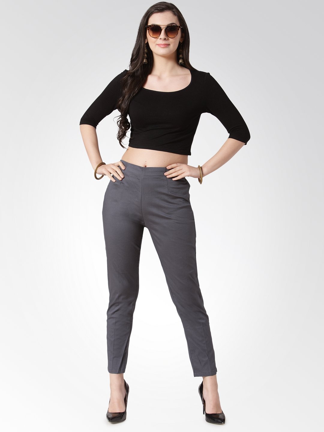 Jompers Women Grey Smart Slim Fit Solid Regular Trousers