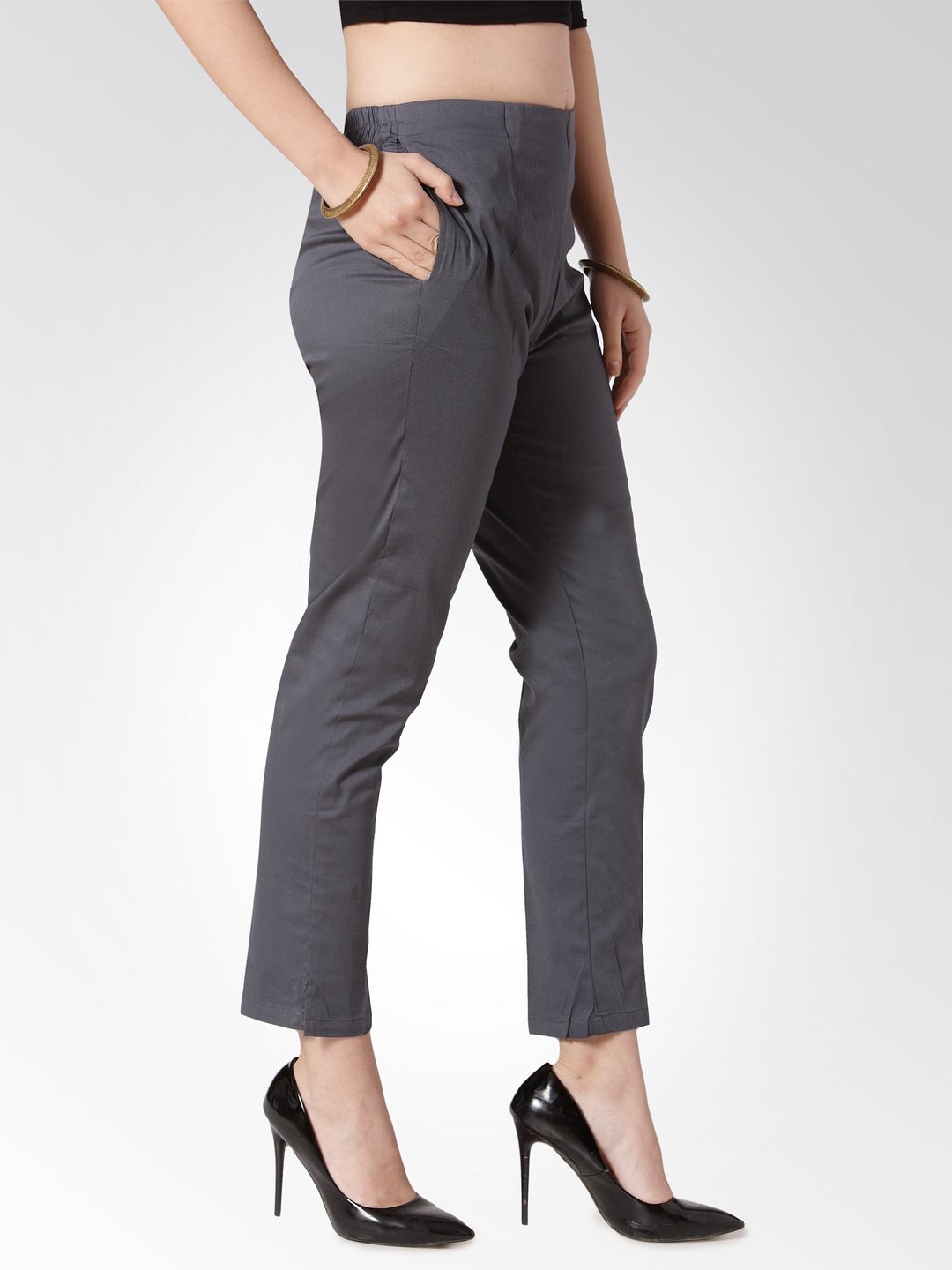 Jompers Women Grey Smart Slim Fit Solid Regular Trousers