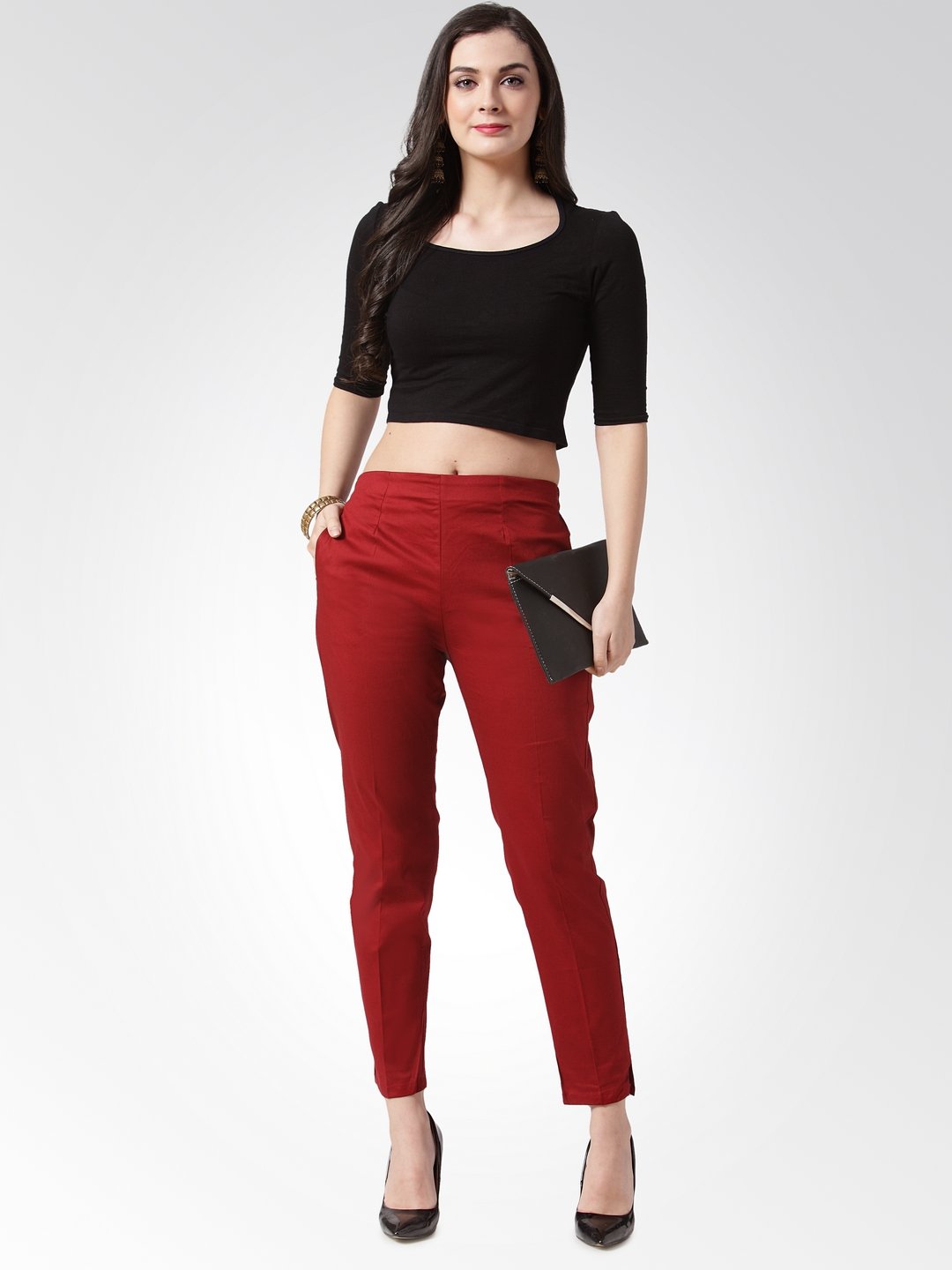 Jompers Women Maroon Smart Slim Fit Solid Regular Trousers