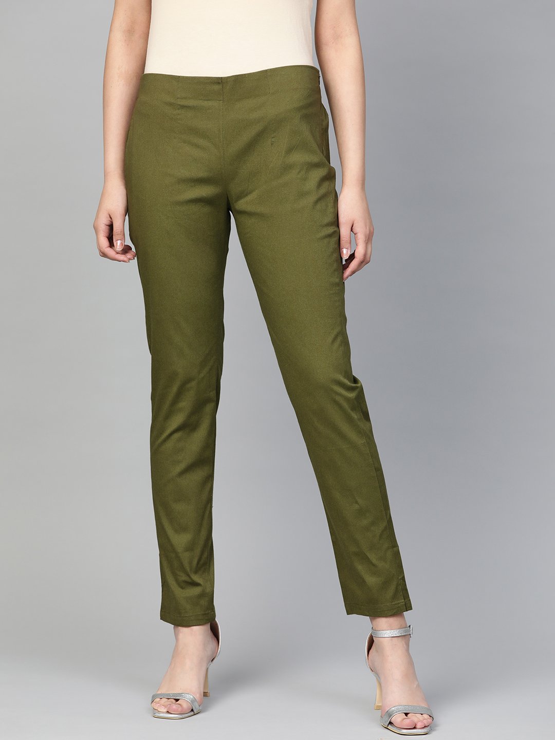 Jompers Women Olive Green Smart Slim Fit Solid Regular Trousers 