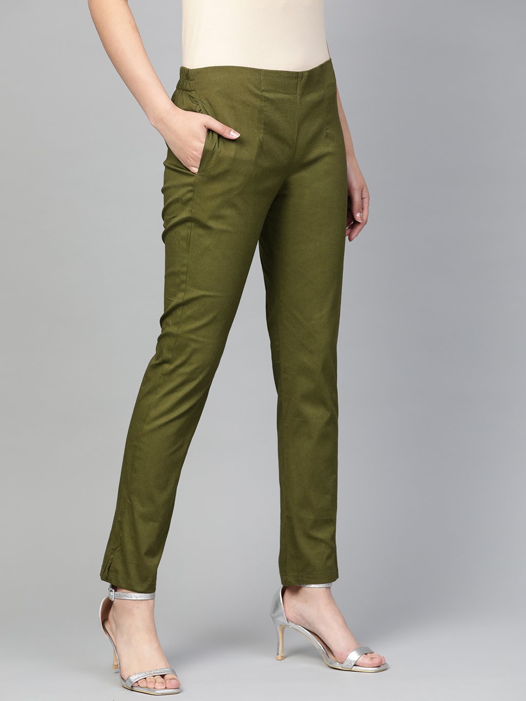 Jompers Women Olive Green Smart Slim Fit Solid Regular Trousers 