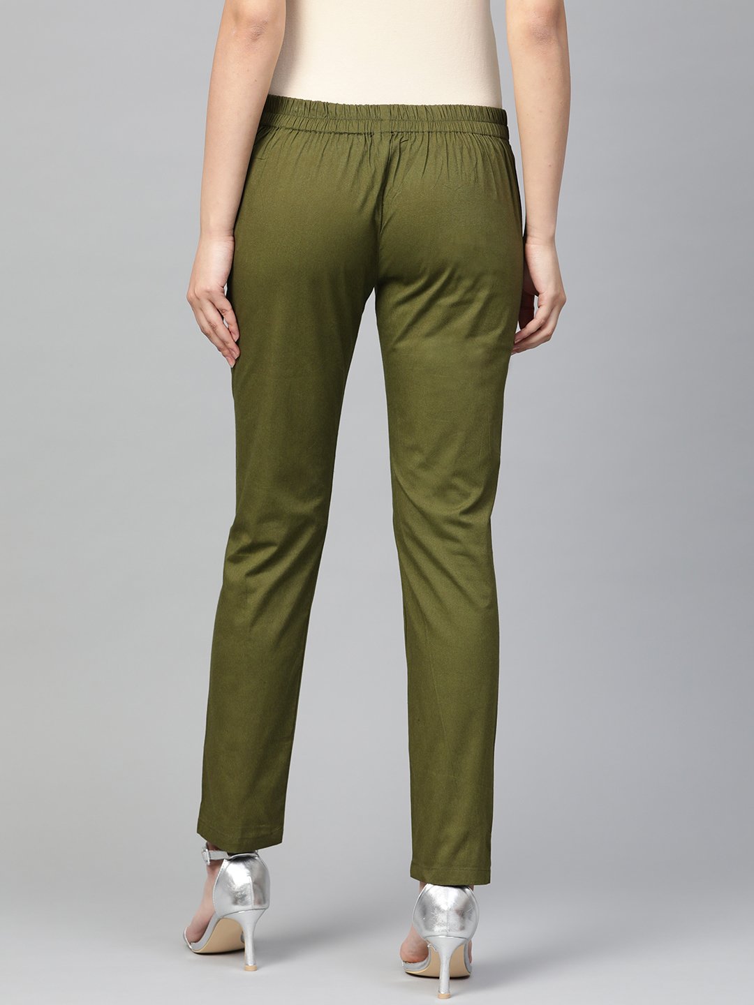 Jompers Women Olive Green Smart Slim Fit Solid Regular Trousers 