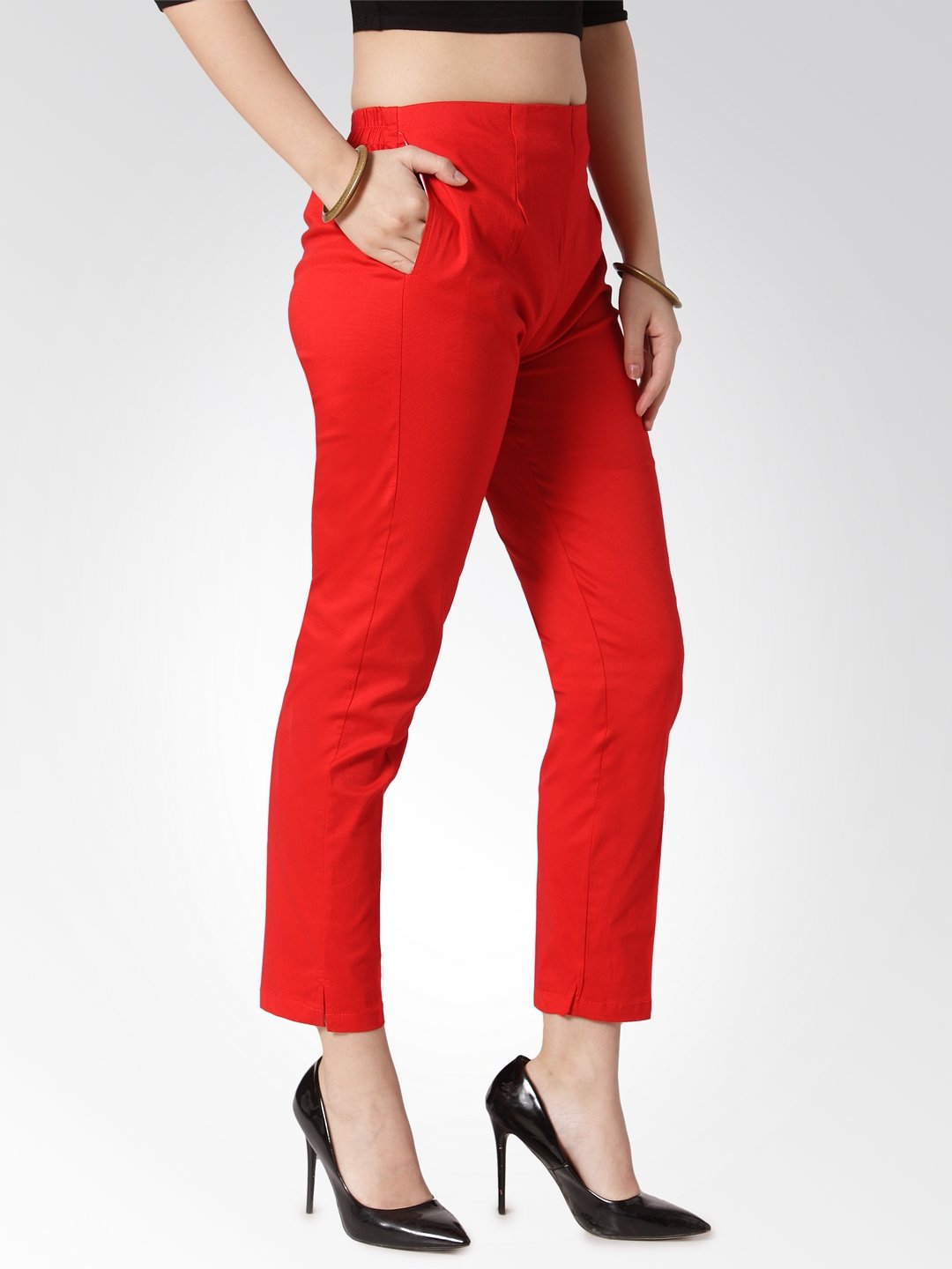 Jompers Women Red Smart Slim Fit Solid Regular Trousers
