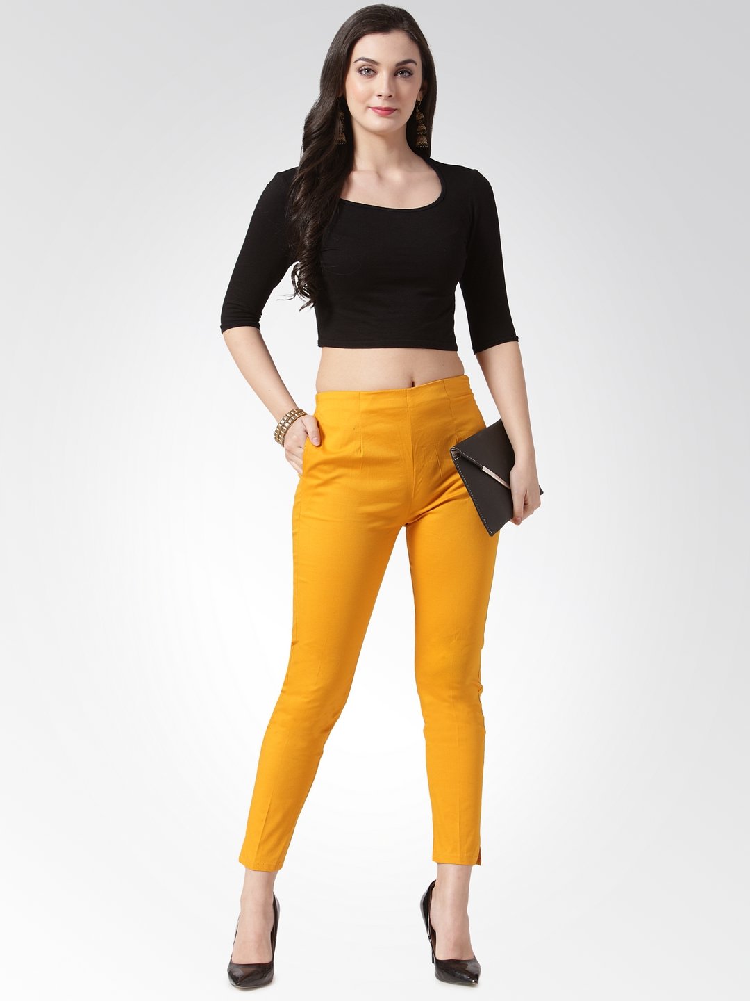 Jompers Women Mustard Smart Slim Fit Solid Regular Trousers ( Yellow )