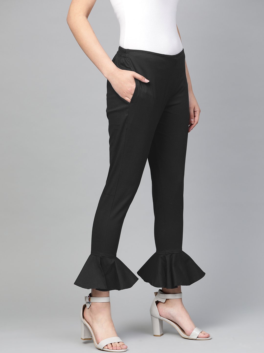 Jompers Women Black Smart Slim Fit Solid Bottom Flared Trousers
