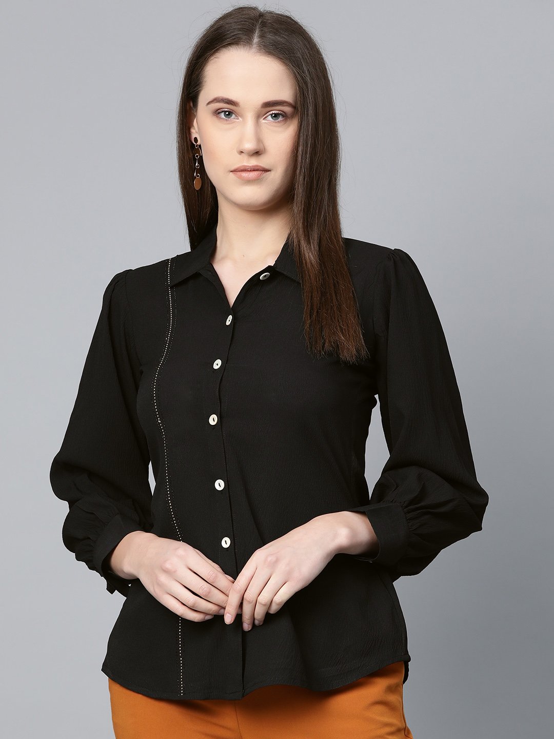 Jompers Women Black Regular Fit Crinkled Effect Casual Shirt