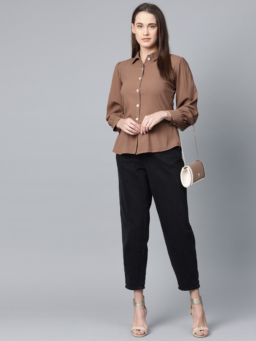 Jompers Women Brown Regular Fit Crinkled Effect Casual Shirt