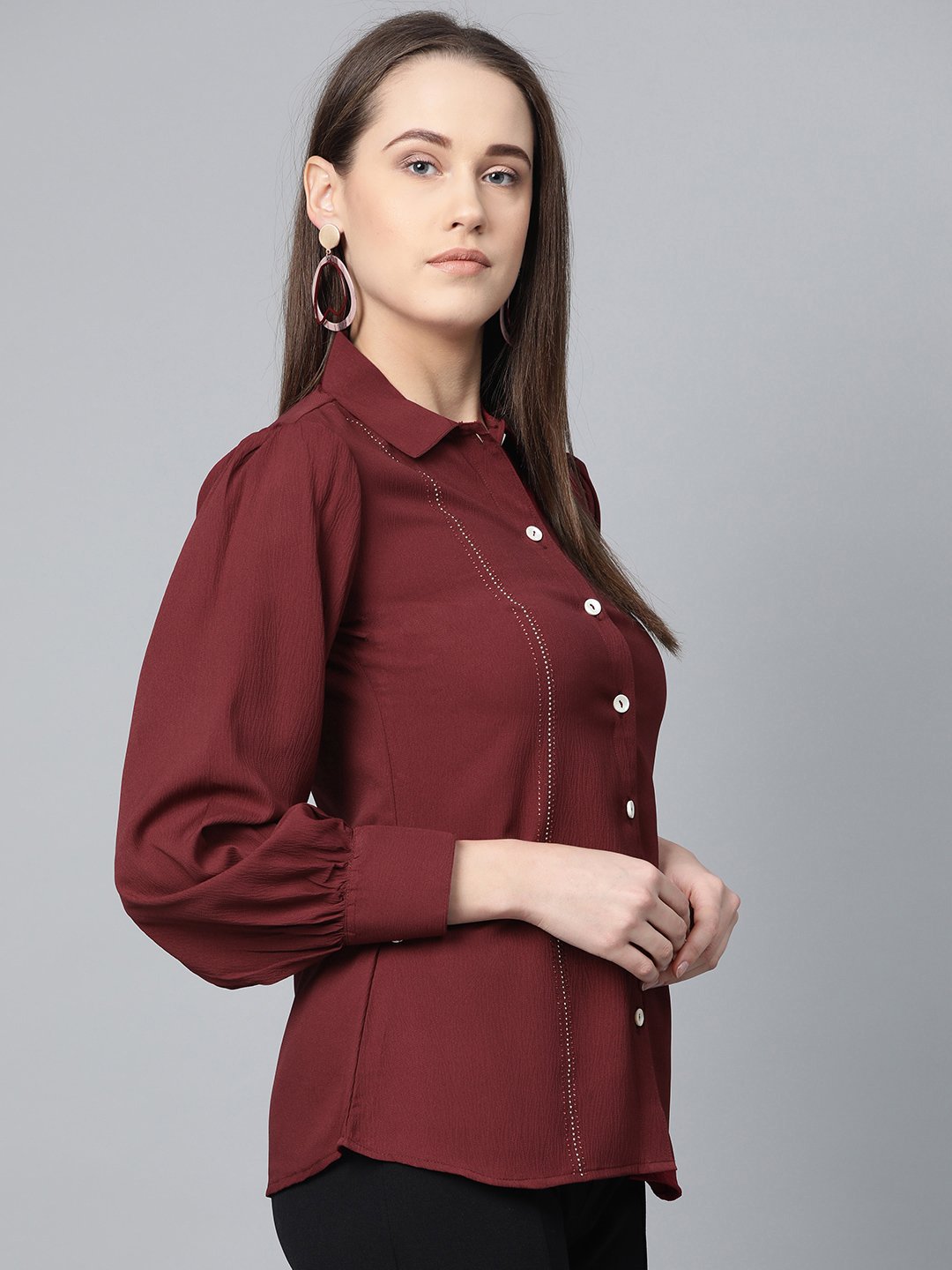 Jompers Women Maroon Regular Fit Crinkled Effect Casual Shirt