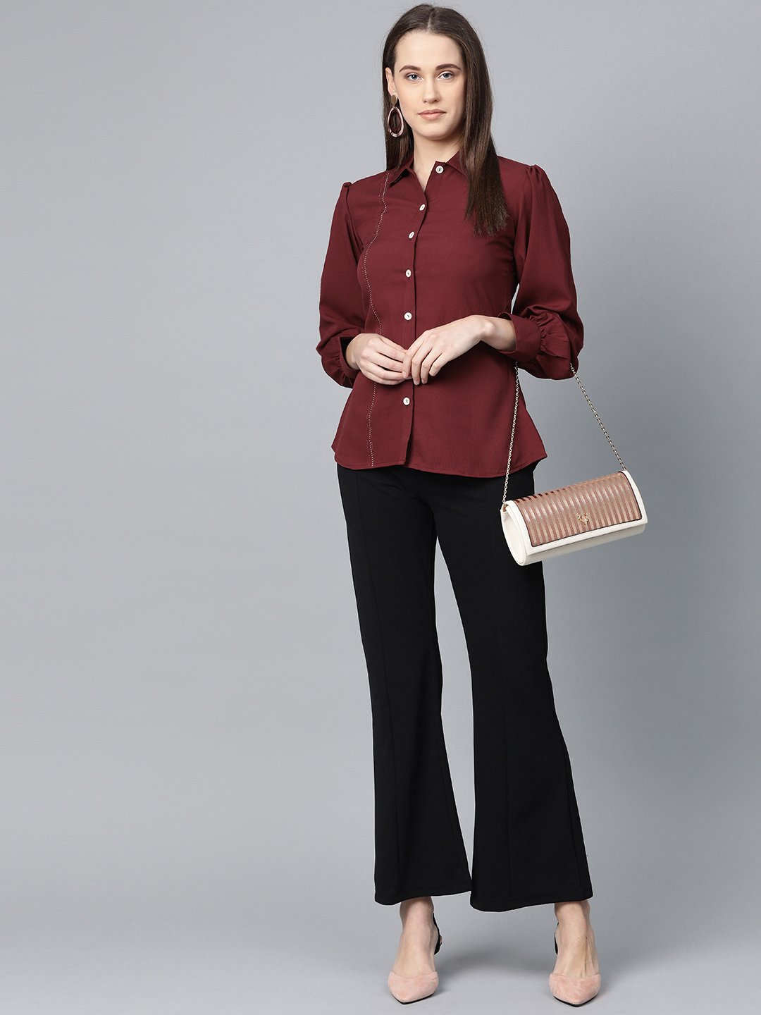 Jompers Women Maroon Regular Fit Crinkled Effect Casual Shirt