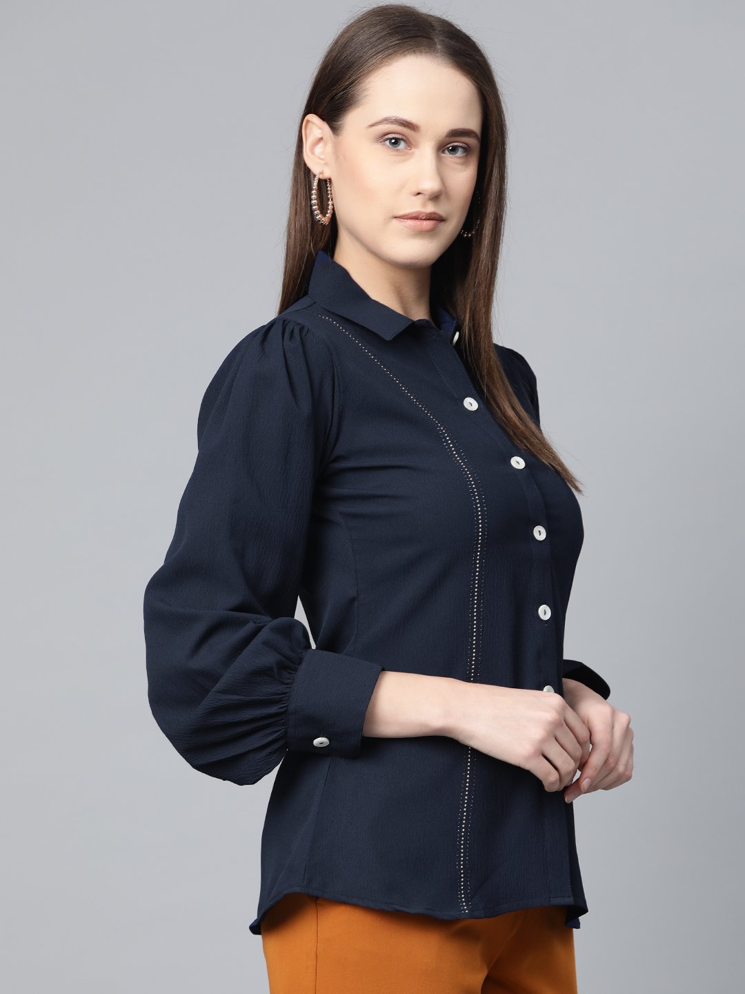 Jompers Women Navy Blue Regular Fit Crinkled Effect Casual Shirt