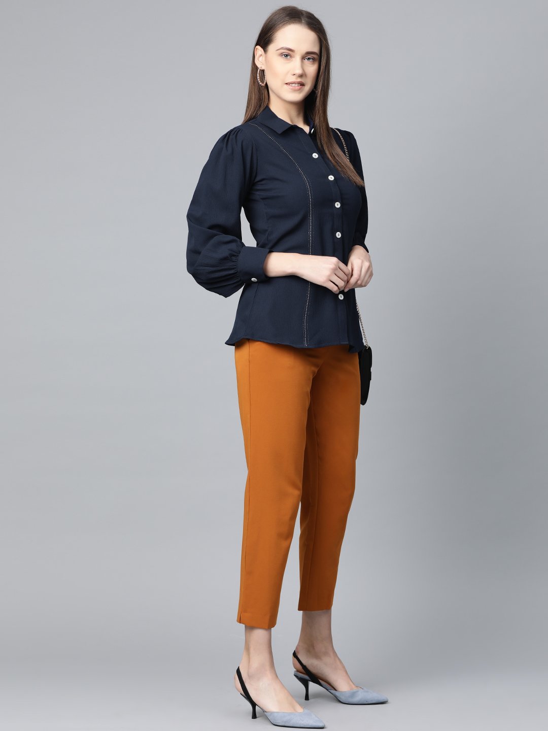 Jompers Women Navy Blue Regular Fit Crinkled Effect Casual Shirt