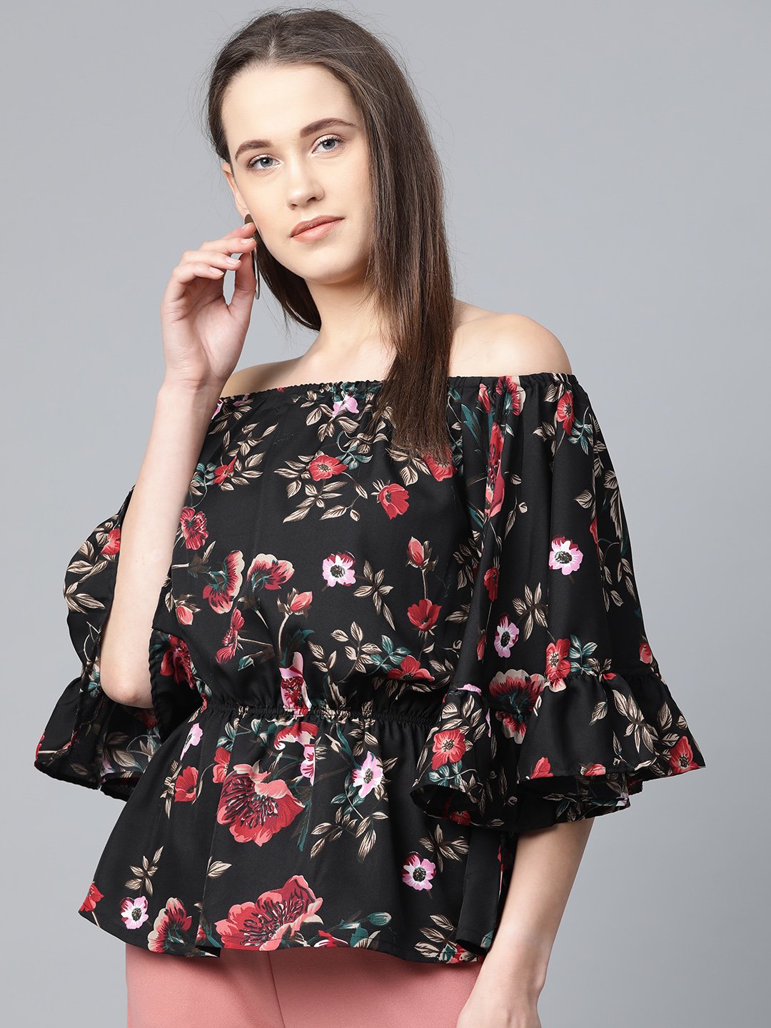 Jompers Women Black Printed Bardot Top 