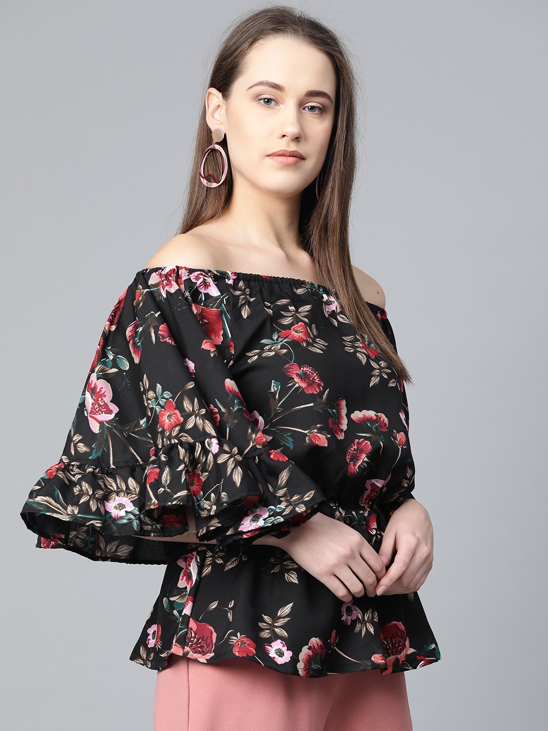 Jompers Women Black Printed Bardot Top 