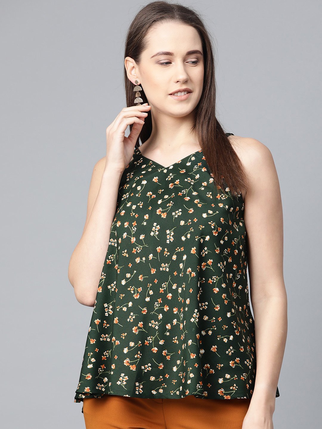 Jompers Women Green & Brown Printed A-Line Top