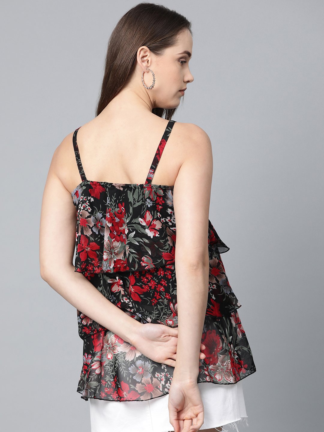 Jompers Women Black & Red Printed Tiered Top