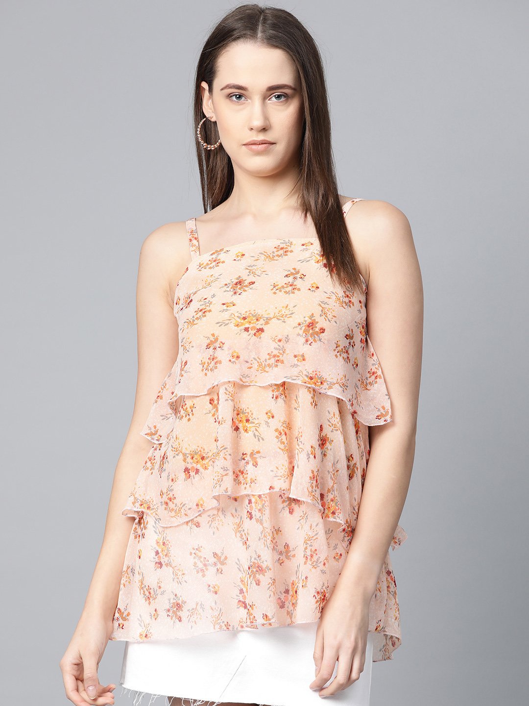 Jompers Women Peach-Coloured & Grey Printed Tiered Top