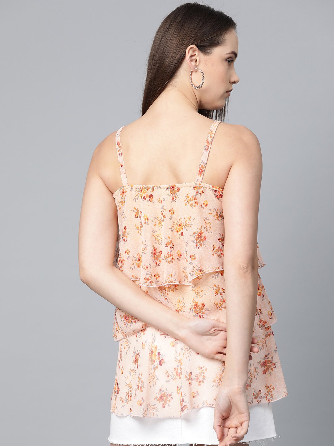 Jompers Women Peach-Coloured & Grey Printed Tiered Top