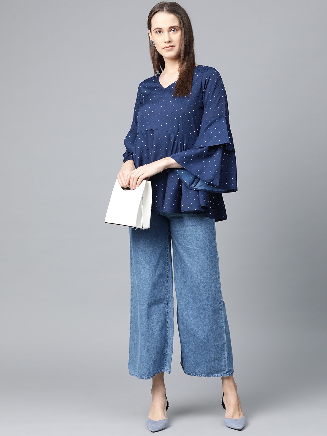 Jompers Women Navy Blue & White Printed A-Line Top